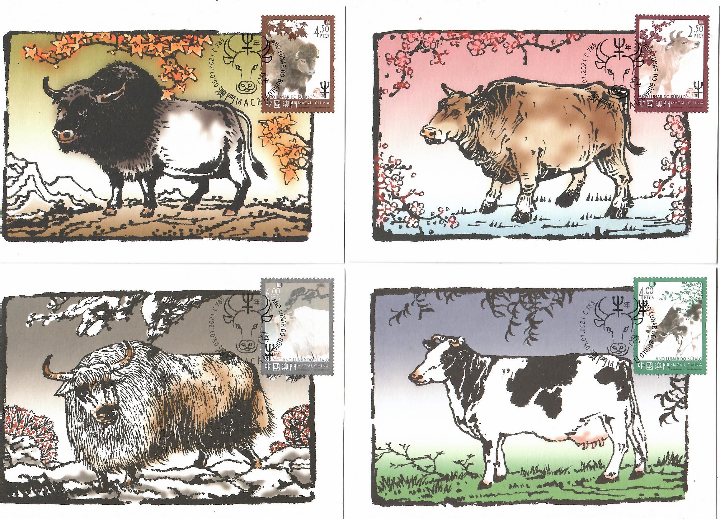 Ano Lunar do Bufalo (Year of the Ox – 2021) (Set of 4) (~Maximum Cards) (Macau)