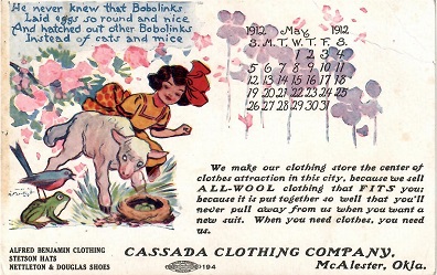 McAlester, Cassada Clothing, May 1912 calendar (Oklahoma, USA)